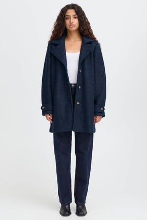 wollen manteljas donkerblauw