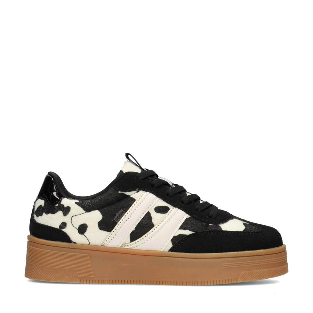 Zwart en witte dames POSH by Poelman Lilly sneakers van harig materiaal met veters en koeienprint
