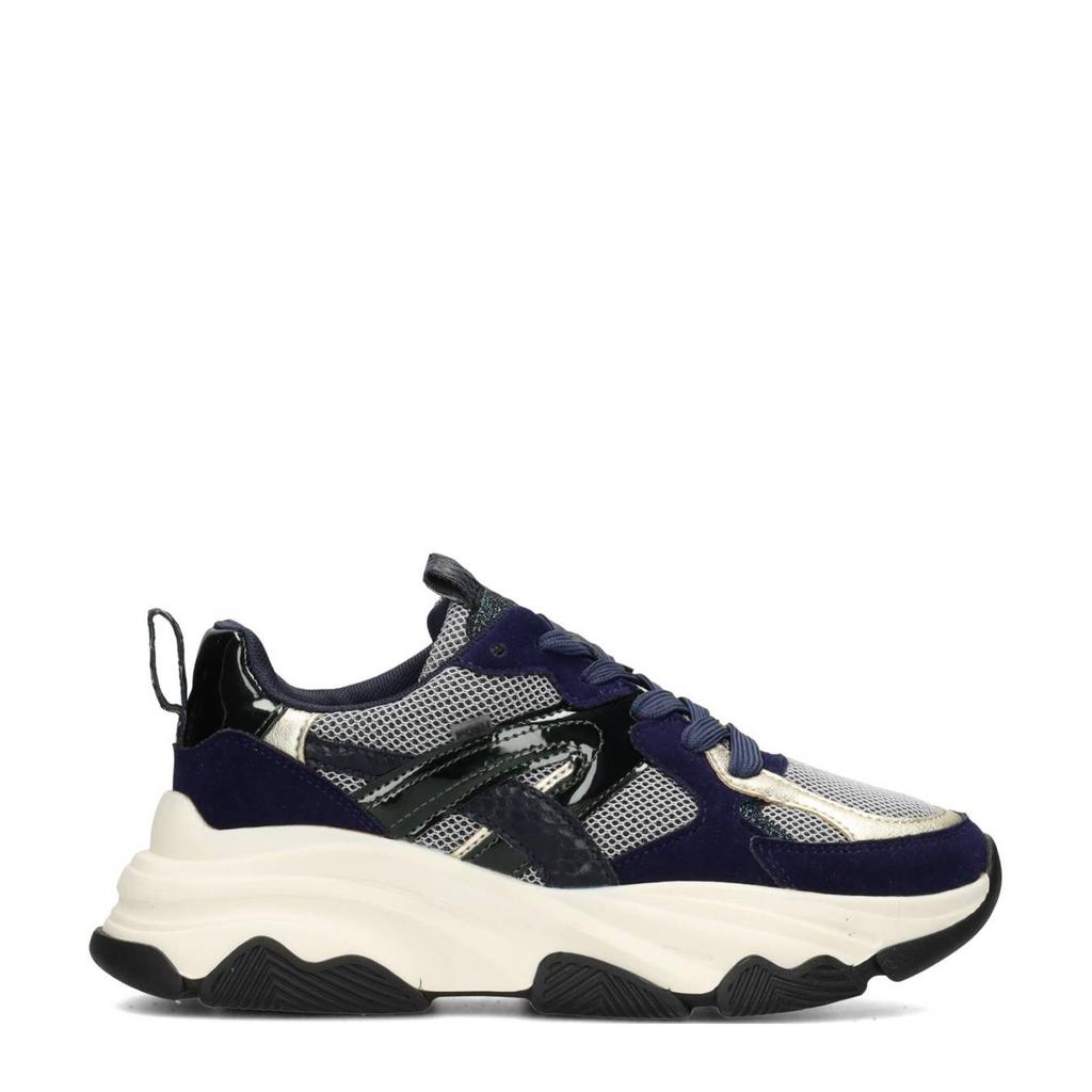 Donkerblauwe dames POSH by Poelman Gigi chunky sneakers van imitatieleer en textiel met veters
