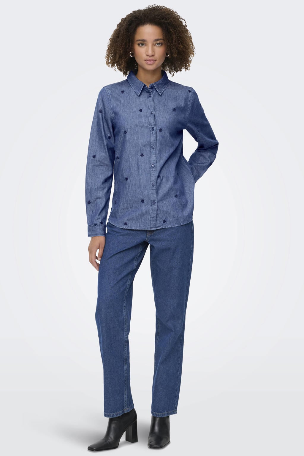Blauwe dames JDY blouse van katoen met lange mouwen, klassieke kraag, knoopsluiting en borduursels