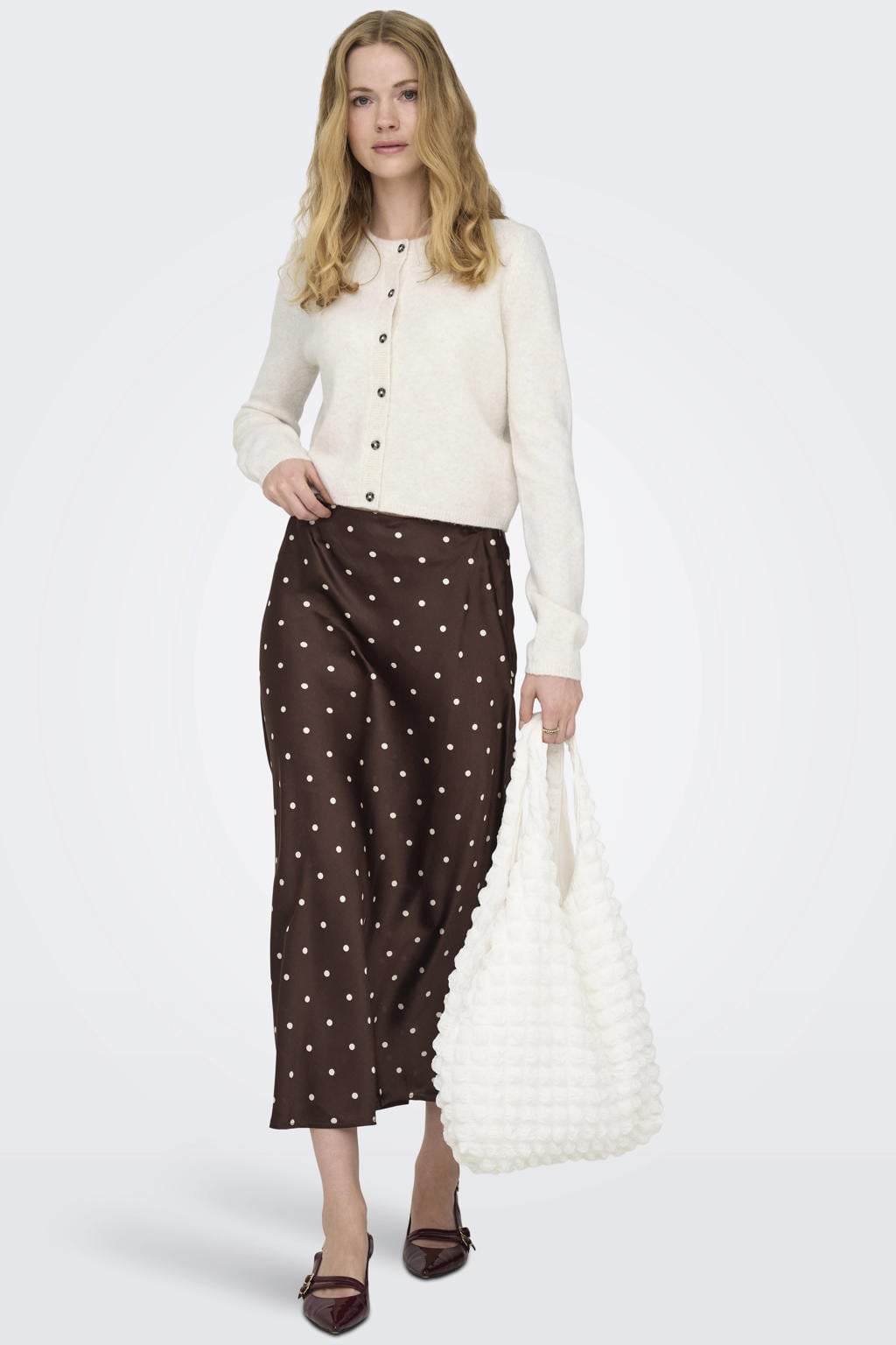 Ecru dames JDY cardigan fijn gebreid van wol met effen, lange mouwen, ronde hals en knoopsluiting