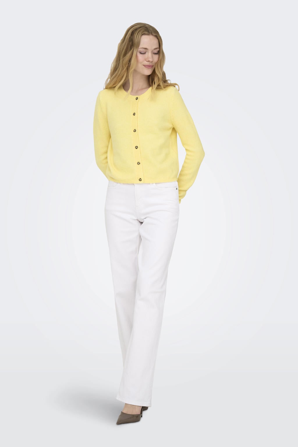 Gele dames JDY cardigan fijn gebreid van wol met effen, lange mouwen, ronde hals en knoopsluiting