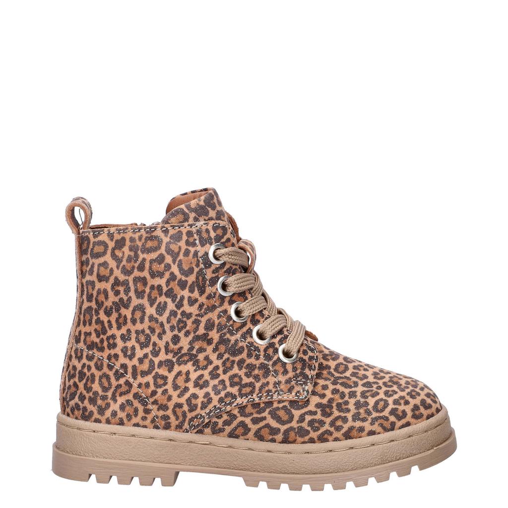 Brons, cognac en zwarte meisjes Nelson Kids nubuck veterboots met rits- en vetersluiting en panterprint