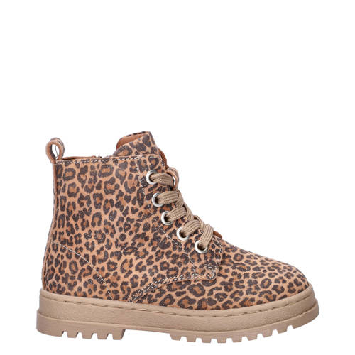 Nelson Kids nubuck veterboots met panterprint brons cognac/zwart afbeelding