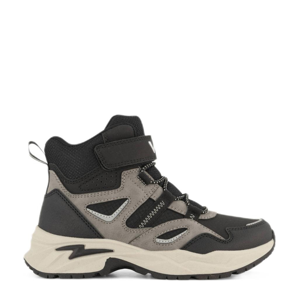 Zwart en grijze jongens Vty Schoolkind sneakers van textiel en imitatieleer met veter- met klittenbandsluiting