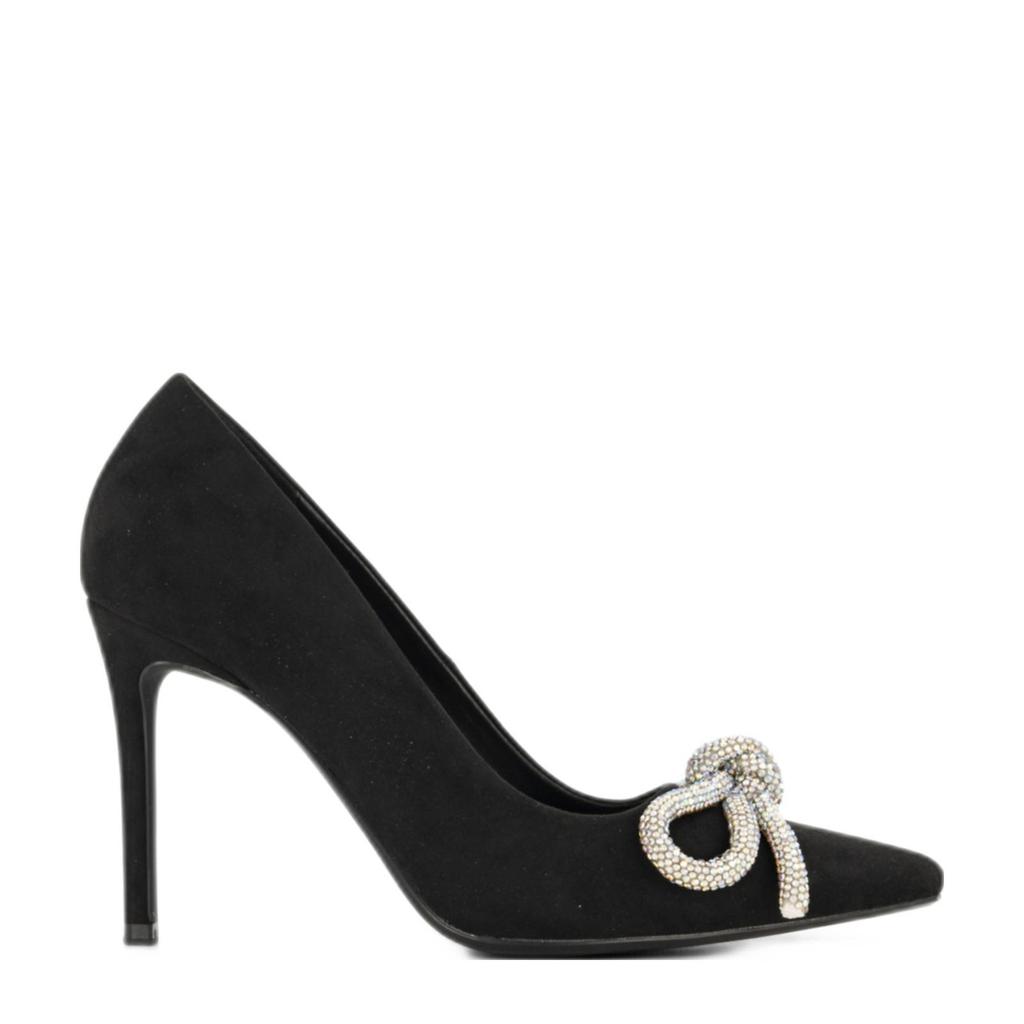 Zwarte dames Graceland pumps met strass strikje van suèdelook