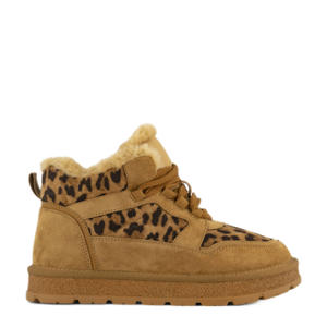 gevoerde veterboots met panterprint cognac