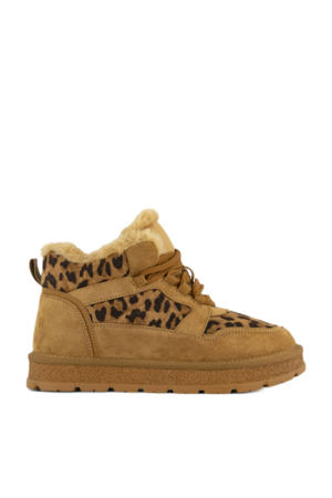 gevoerde veterboots met panterprint cognac