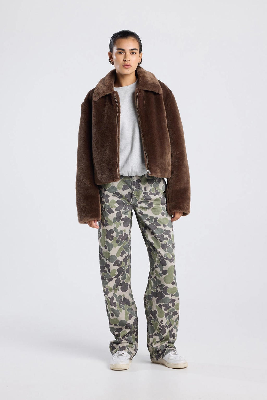 Bruine dames America Today faux fur jas van imitatiebont met effen en lange mouwen