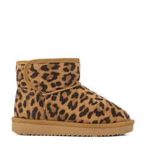 gevoerde enkelboots met panterprint cognac/zwart