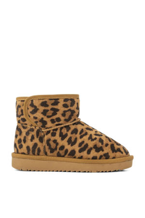 gevoerde enkelboots met panterprint cognac/zwart