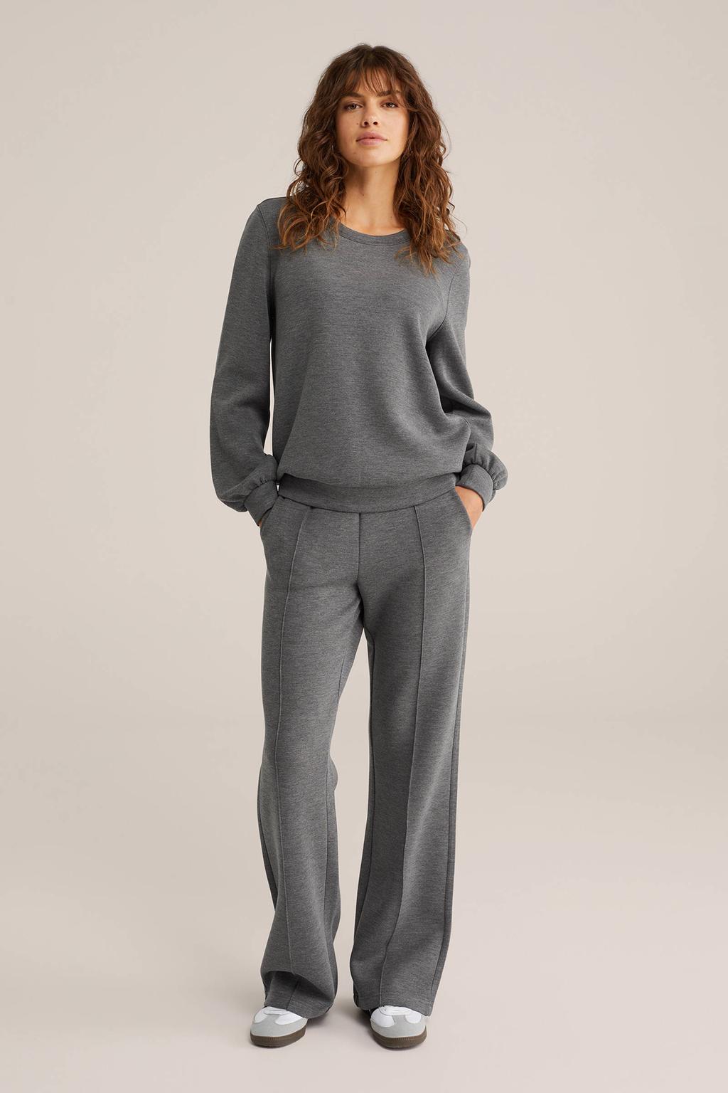 Grijs melange dames WE Fashion straight regular waist flared broek melange van viscose met elastische tailleband en effen