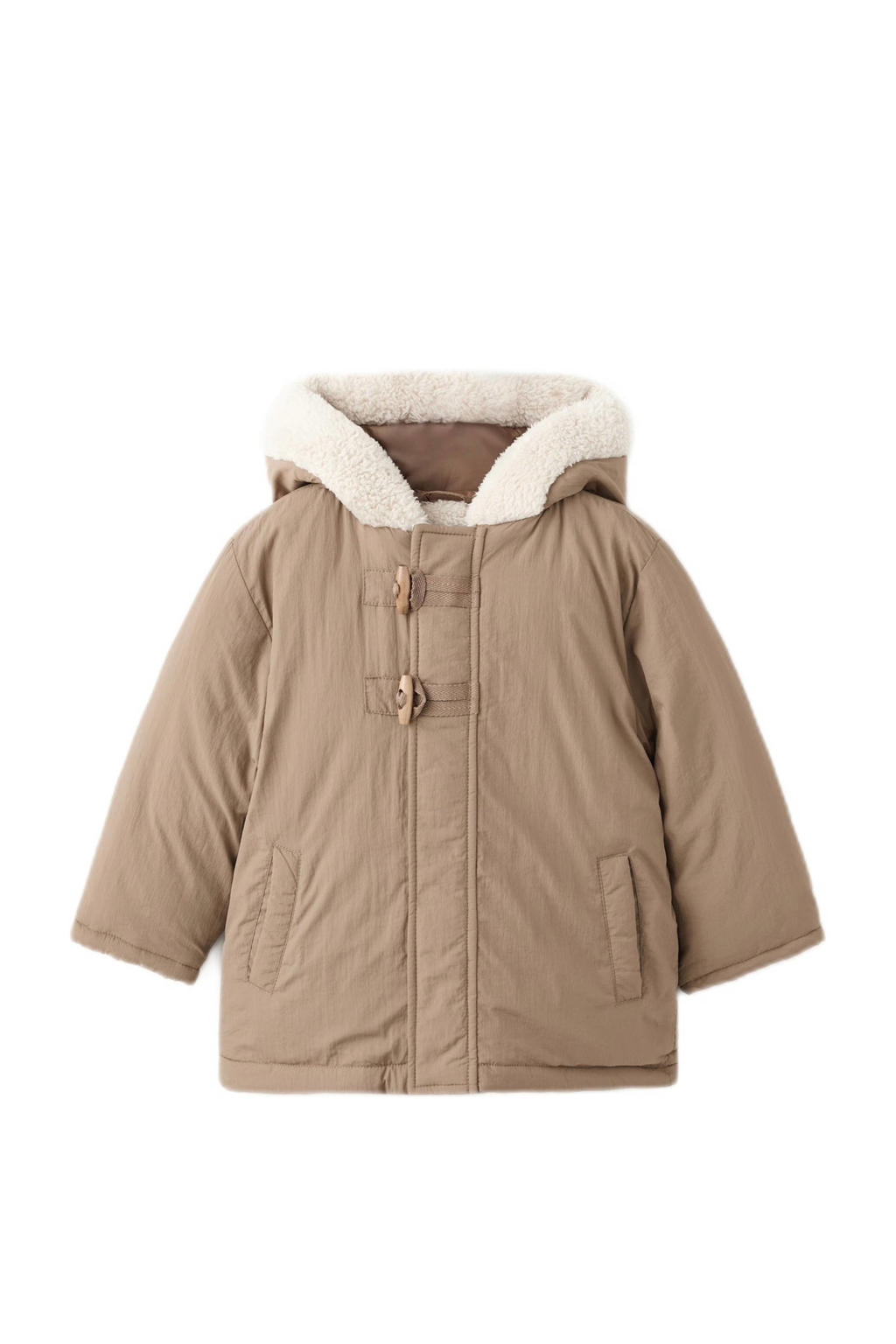 Lichtbruine jongens Mango Kids winterjas van polyamide met effen, lange mouwen, capuchon, rits- en knoopsluiting en teddy detail