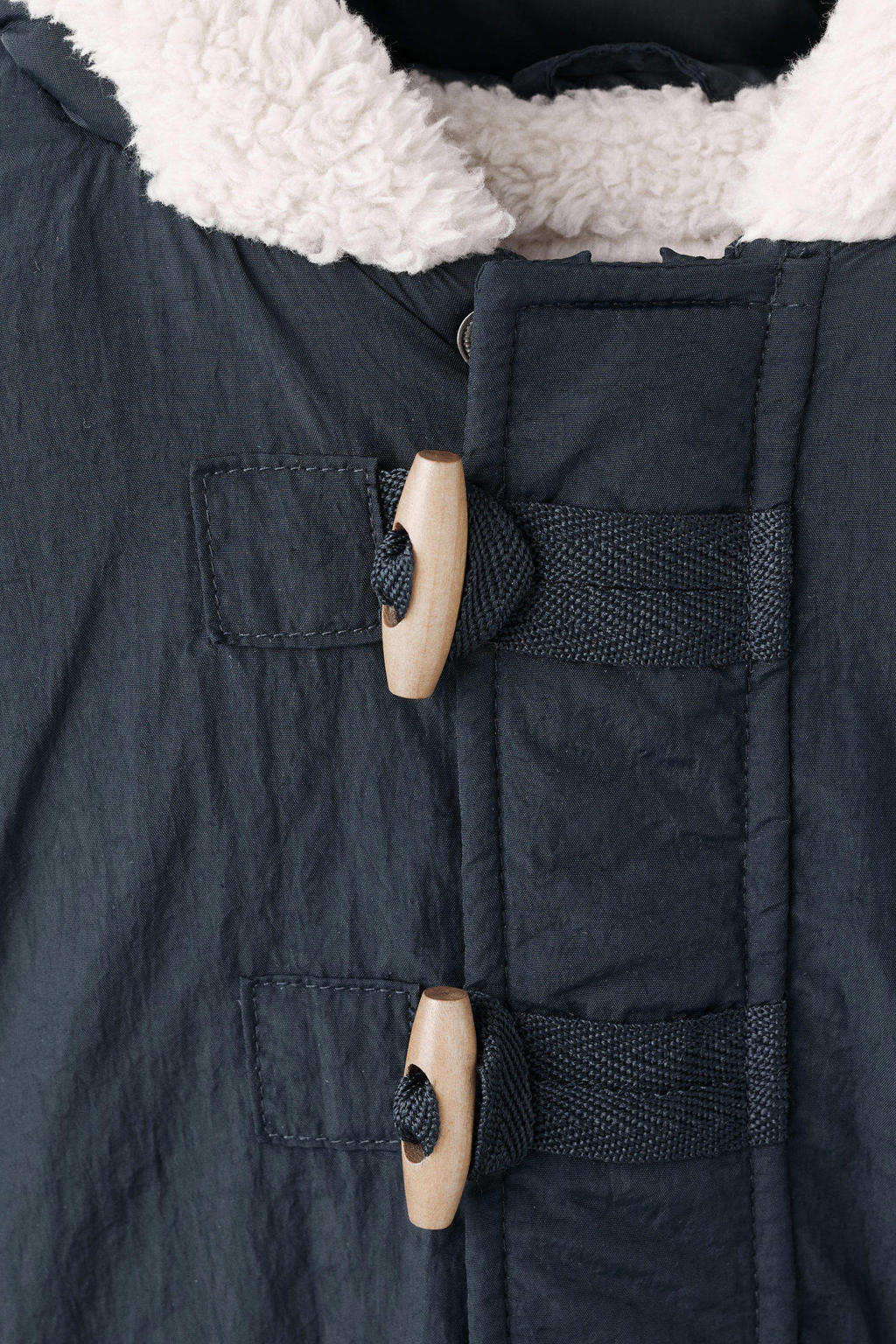 Donkerblauwe jongens Mango Kids winterjas van polyamide met effen, lange mouwen, capuchon, rits- en knoopsluiting en teddy detail