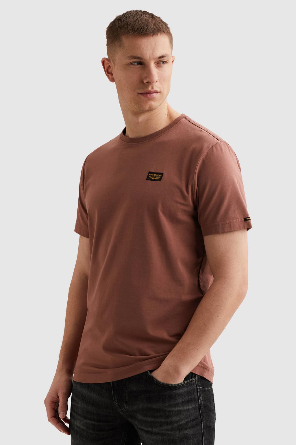 Roodbruine heren PME Legend regular T-shirt bruin van katoen met effen, korte mouwen en ronde hals