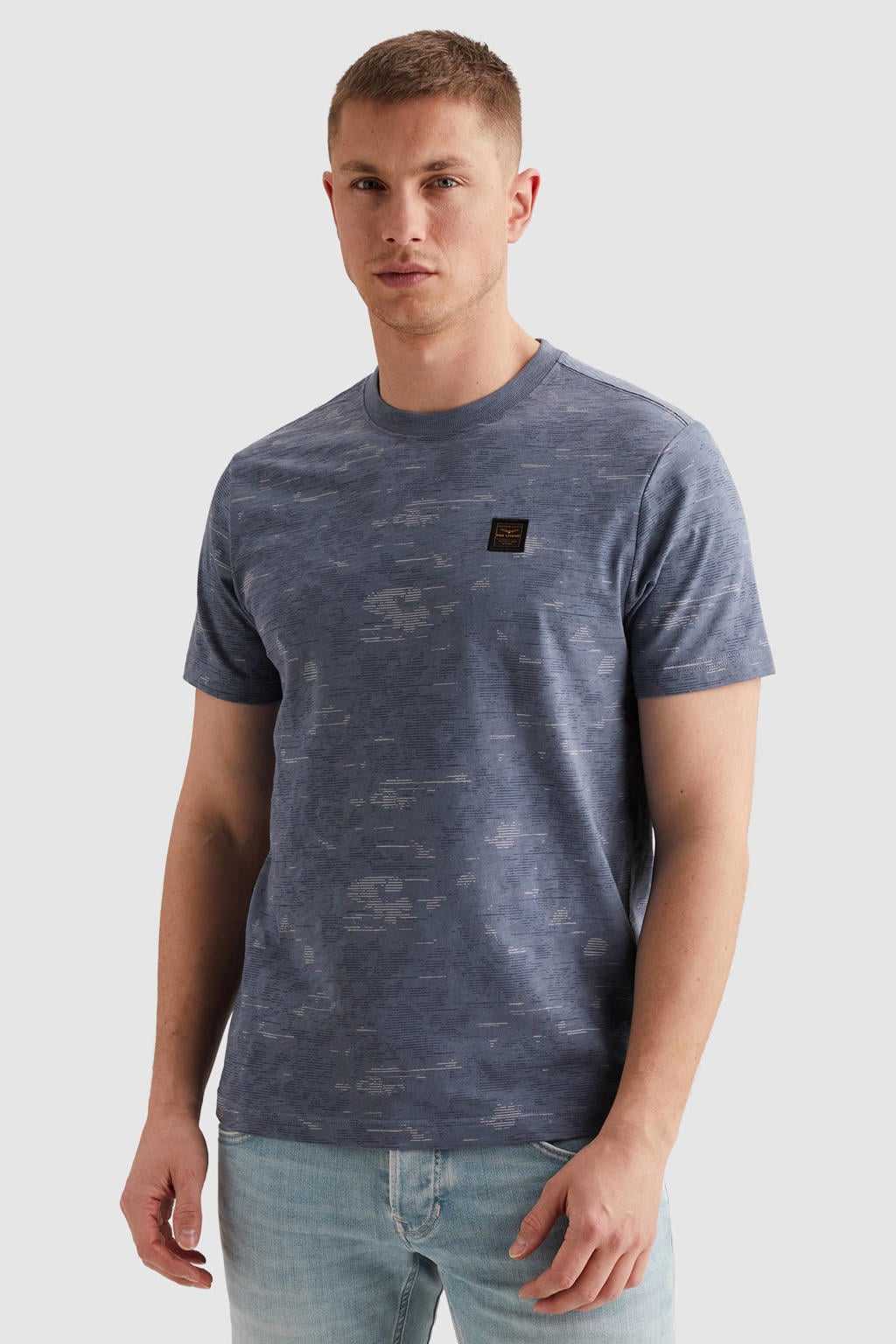 Blauwe heren PME Legend regular T-shirt van katoen met korte mouwen en ronde hals