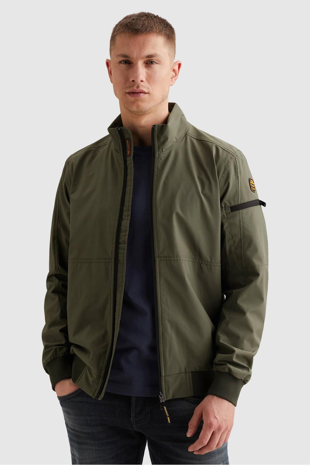 Donkergroene heren PME Legend zomerjas van polyester met effen, lange mouwen, opstaande kraag, ritssluiting en elastische boord