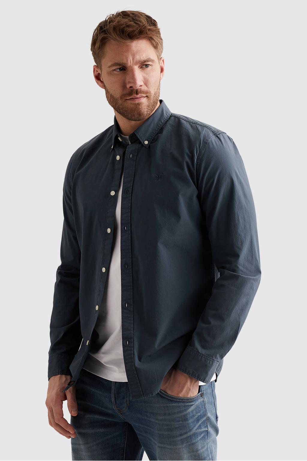 Donkerblauwe heren PME Legend regular casual overhemd van katoen met effen, lange mouwen, button down sluiting en knoopsluiting
