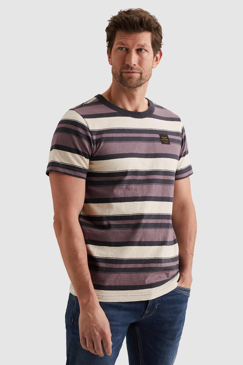 Paarse heren PME Legend regular gestreepte T-shirt van katoen met korte mouwen en ronde hals