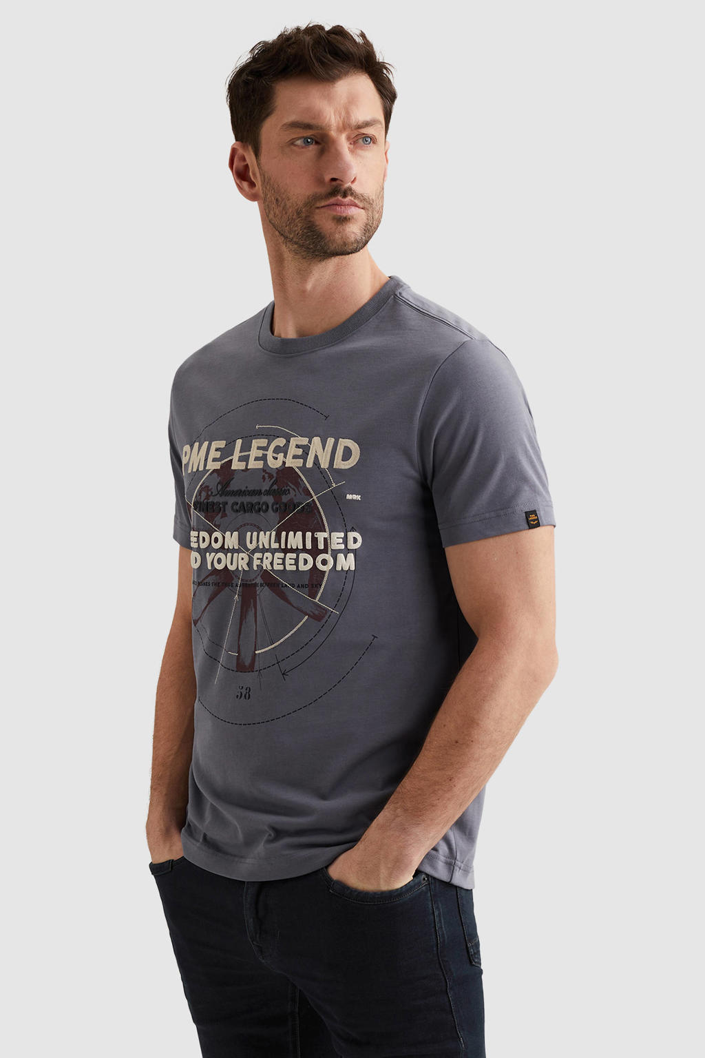 Grijsblauwe heren PME Legend regular T-shirt blauw van katoen met printopdruk, korte mouwen en ronde hals