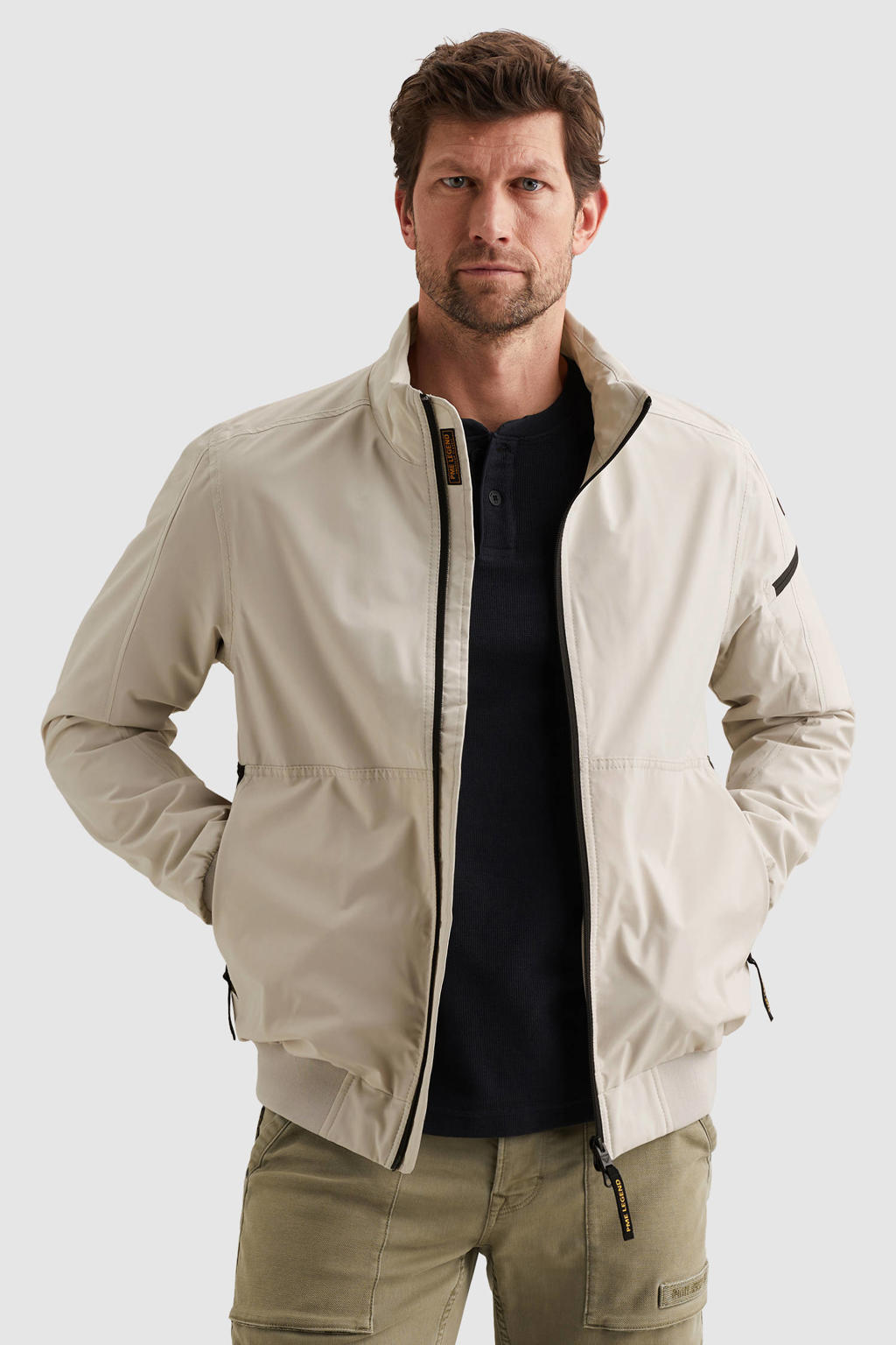 Ecru heren PME Legend zomerjas van polyester met effen, lange mouwen, opstaande kraag, ritssluiting en elastische boord