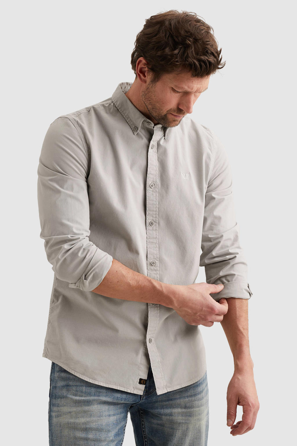 Grijze heren PME Legend regular casual overhemd van katoen met effen, lange mouwen, button down sluiting en knoopsluiting