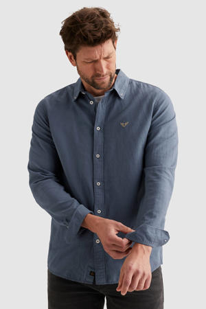 regular casual overhemd met linnen blauw