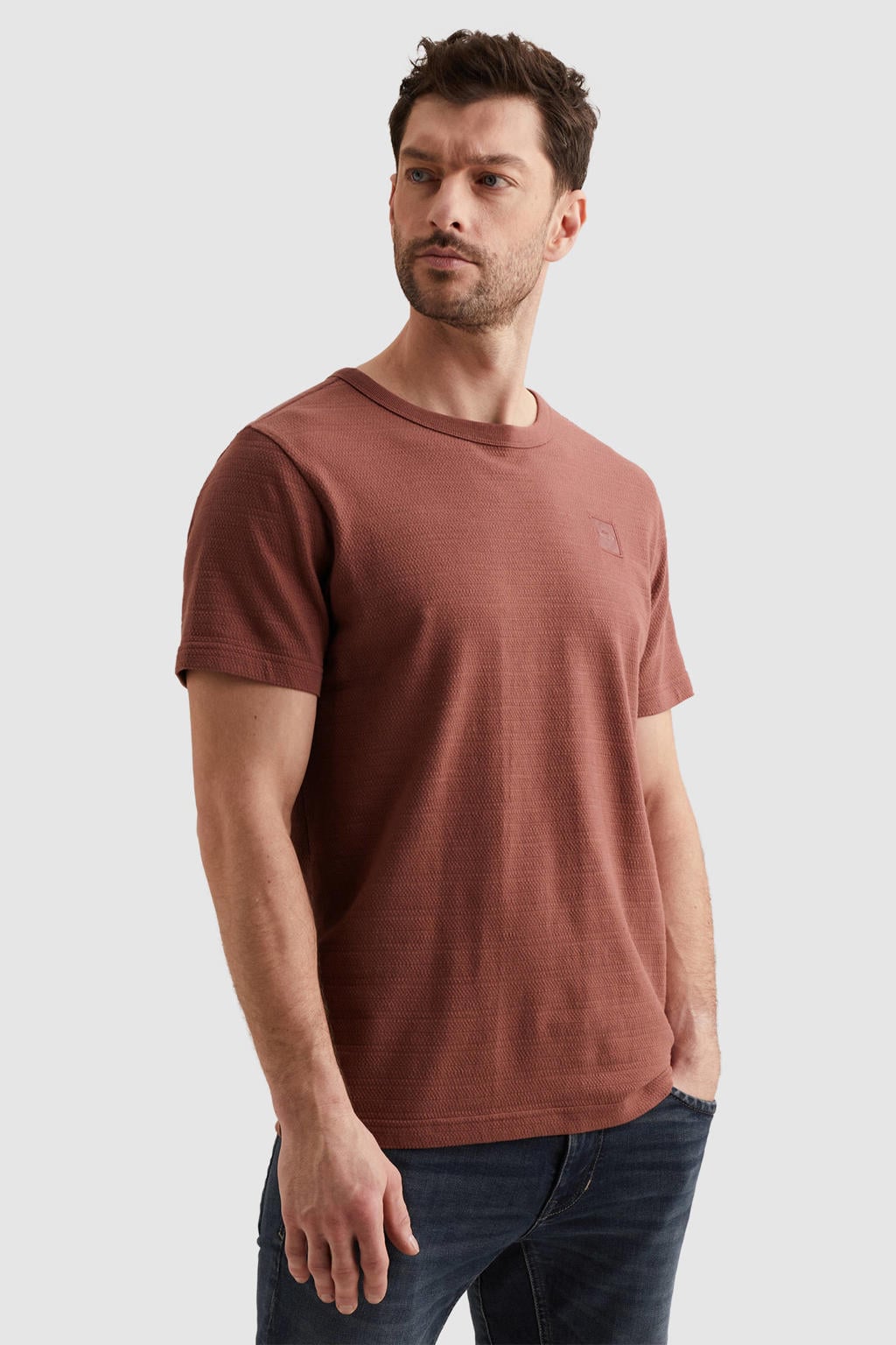Roodbruine heren PME Legend regular T-shirt gebreid bruin van katoen met effen, korte mouwen en ronde hals