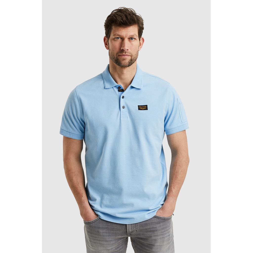 Lichtblauwe heren PME Legend polo van stretchkatoen met logo dessin, korte mouwen, knoopsluiting en pique