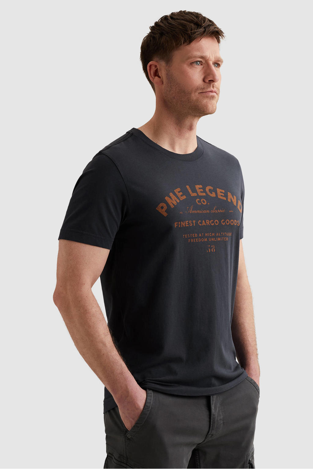 Donkerblauwe heren PME Legend regular T-shirt van katoen met printopdruk, korte mouwen en ronde hals