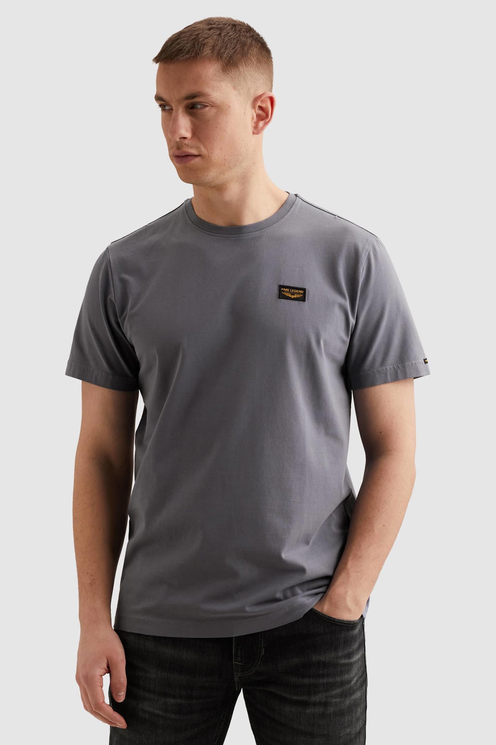 Grijsblauwe heren PME Legend regular T-shirt grijs van katoen met effen, korte mouwen en ronde hals