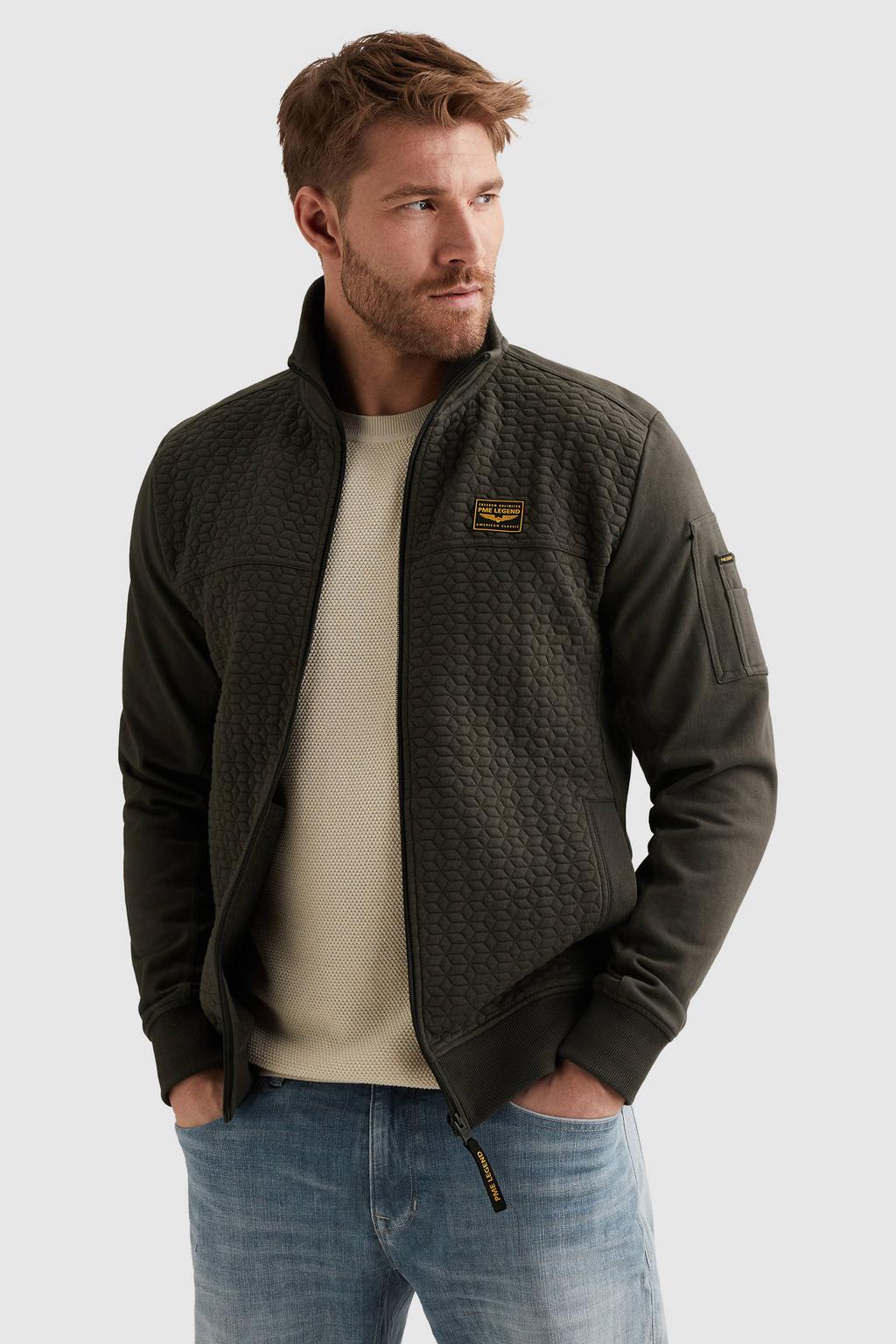 Donkergroene heren PME Legend sweatvest met effen, lange mouwen, capuchon, ritssluiting en textuur