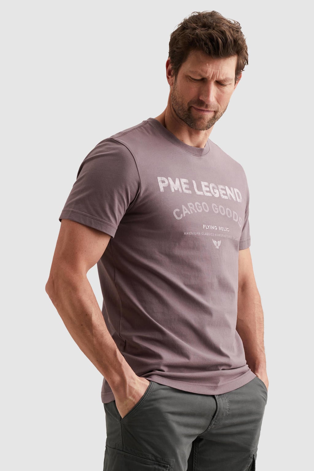 Paarse heren PME Legend regular T-shirt van katoen met printopdruk, korte mouwen en ronde hals