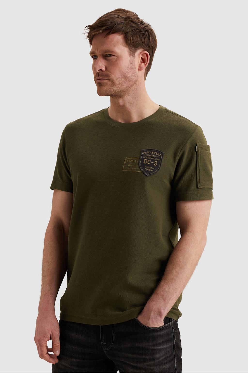 Donkergroene heren PME Legend regular T-shirt gebreid van katoen met printopdruk, korte mouwen en ronde hals