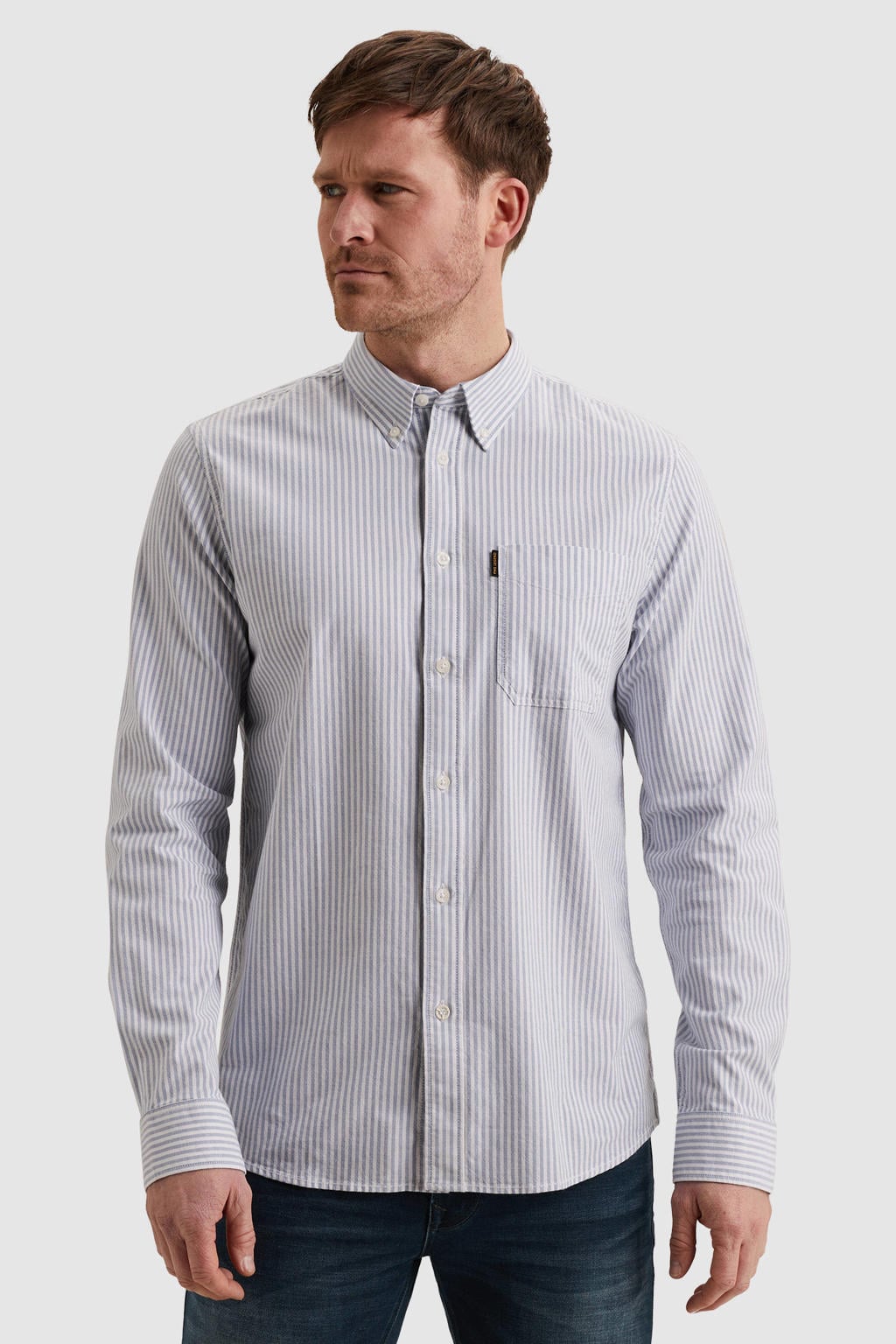 Lichtblauwe heren PME Legend gestreepte van katoen met lange mouwen, button down sluiting en knoopsluiting