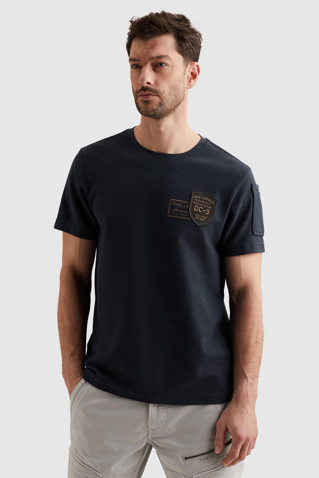 Donkerblauwe heren PME Legend regular T-shirt gebreid van katoen met printopdruk, korte mouwen en ronde hals