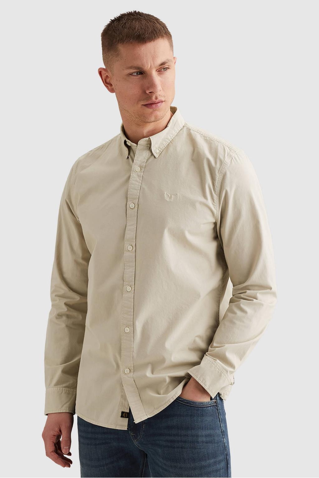 Ecru heren PME Legend regular casual overhemd van katoen met effen, lange mouwen, button down sluiting en knoopsluiting