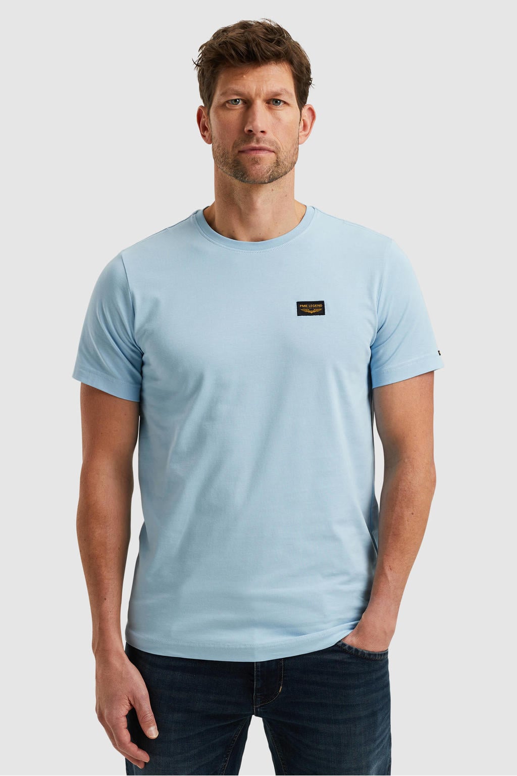Lichtblauwe heren PME Legend T-shirt van katoen met logo dessin, korte mouwen en ronde hals