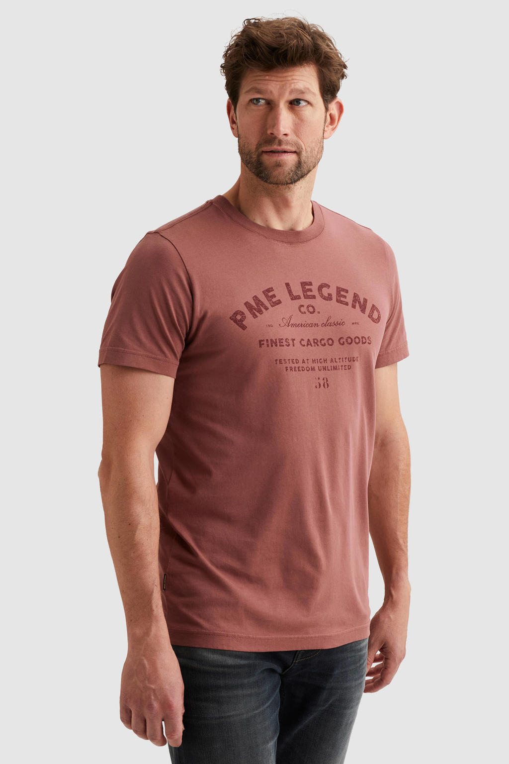 Oudroze heren PME Legend regular T-shirt van katoen met printopdruk, korte mouwen en ronde hals