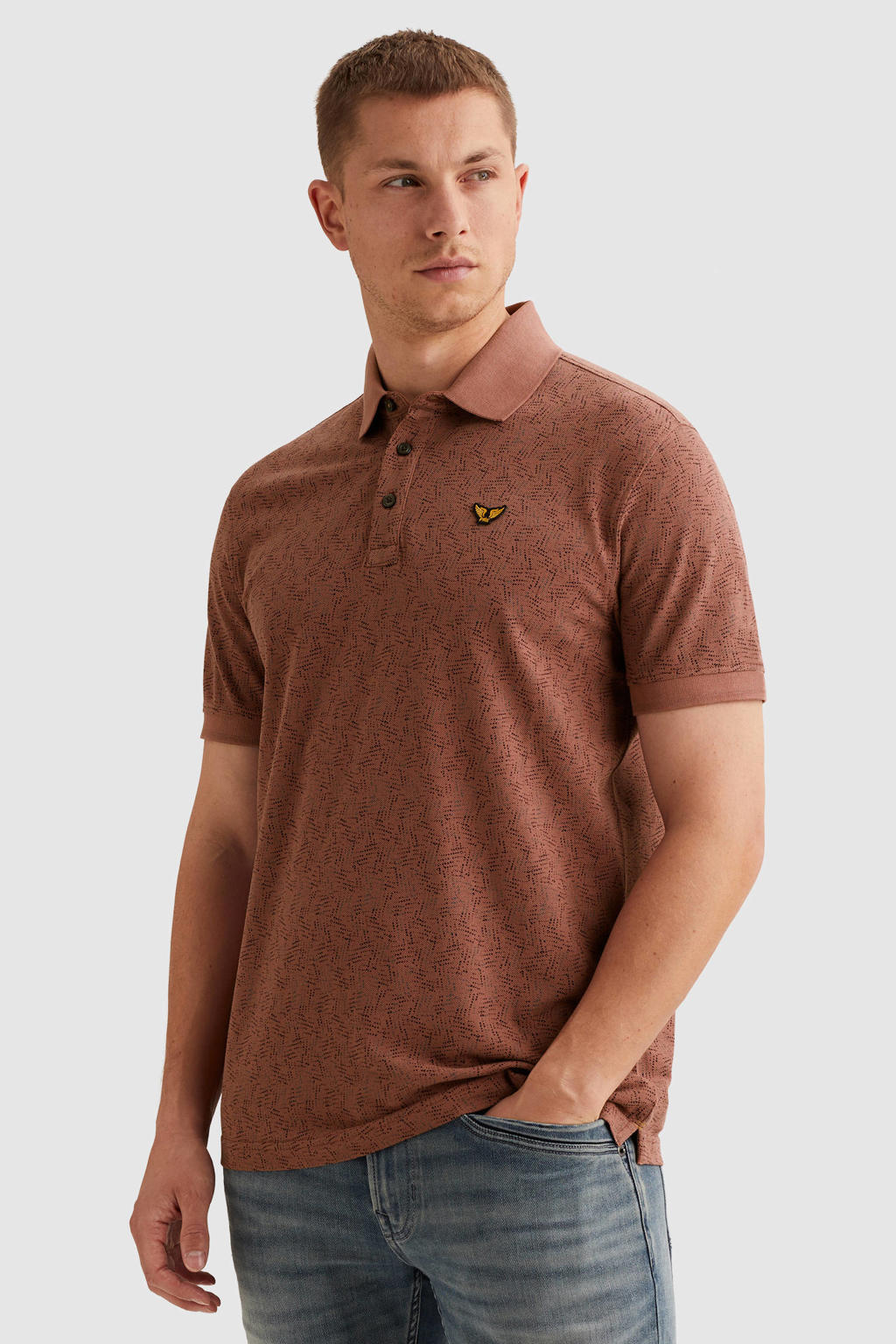 Roodbruine heren PME Legend regular polo bruin van katoen met korte mouwen en pique
