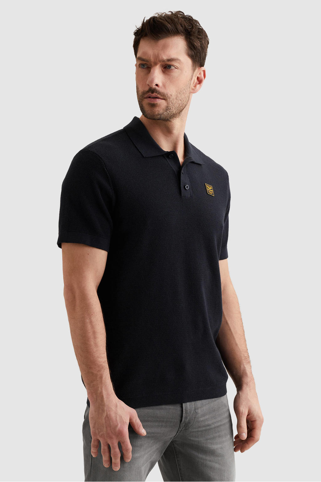 Donkerblauwe heren PME Legend regular polo gebreid van katoen met effen, korte mouwen en pique