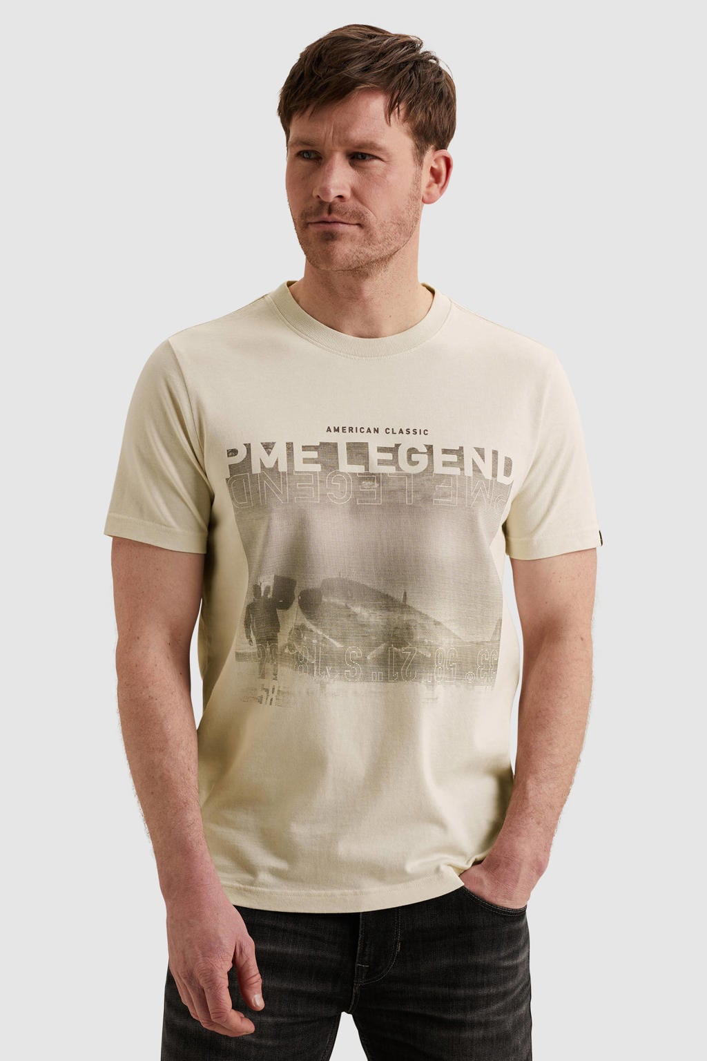 Ecru heren PME Legend regular T-shirt van katoen met printopdruk, korte mouwen en ronde hals