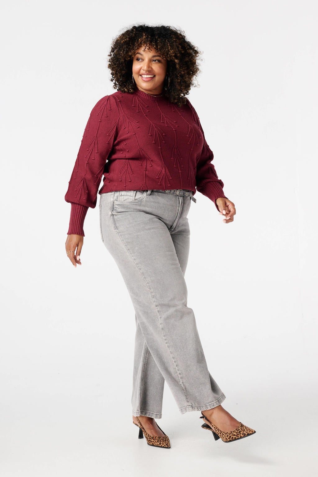Donkerrode dames MS Mode pullover van viscose met effen, lange mouwen, klassieke kraag en ingebreid patroon