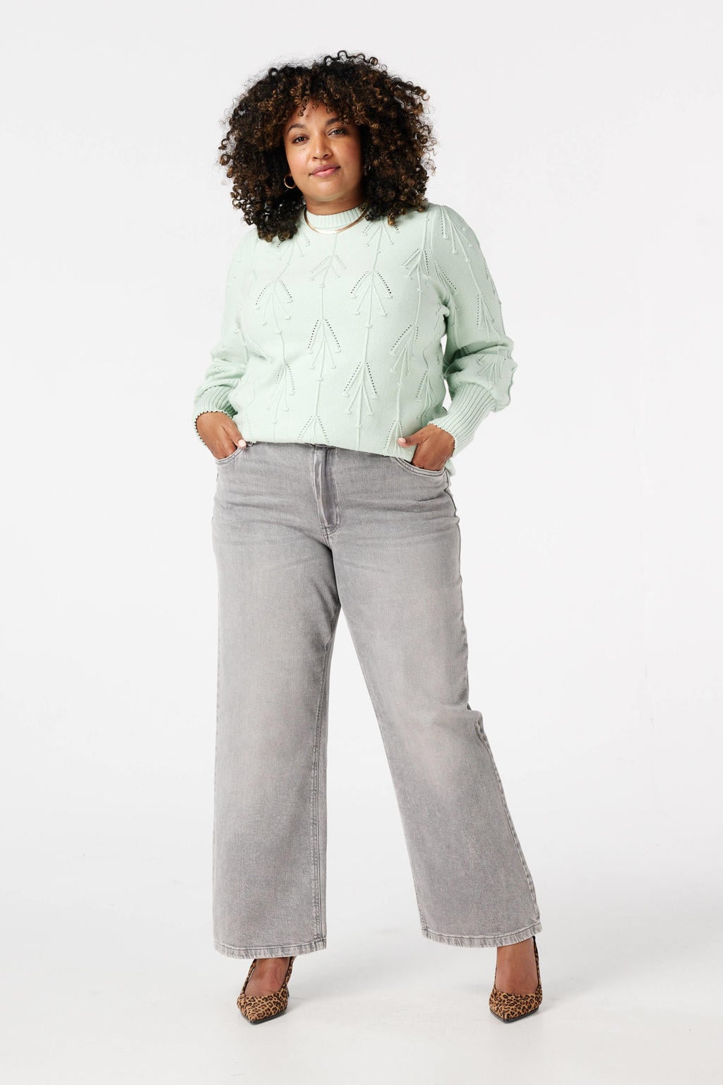 Mintgroene dames MS Mode pullover van viscose met effen, lange mouwen, klassieke kraag en ingebreid patroon