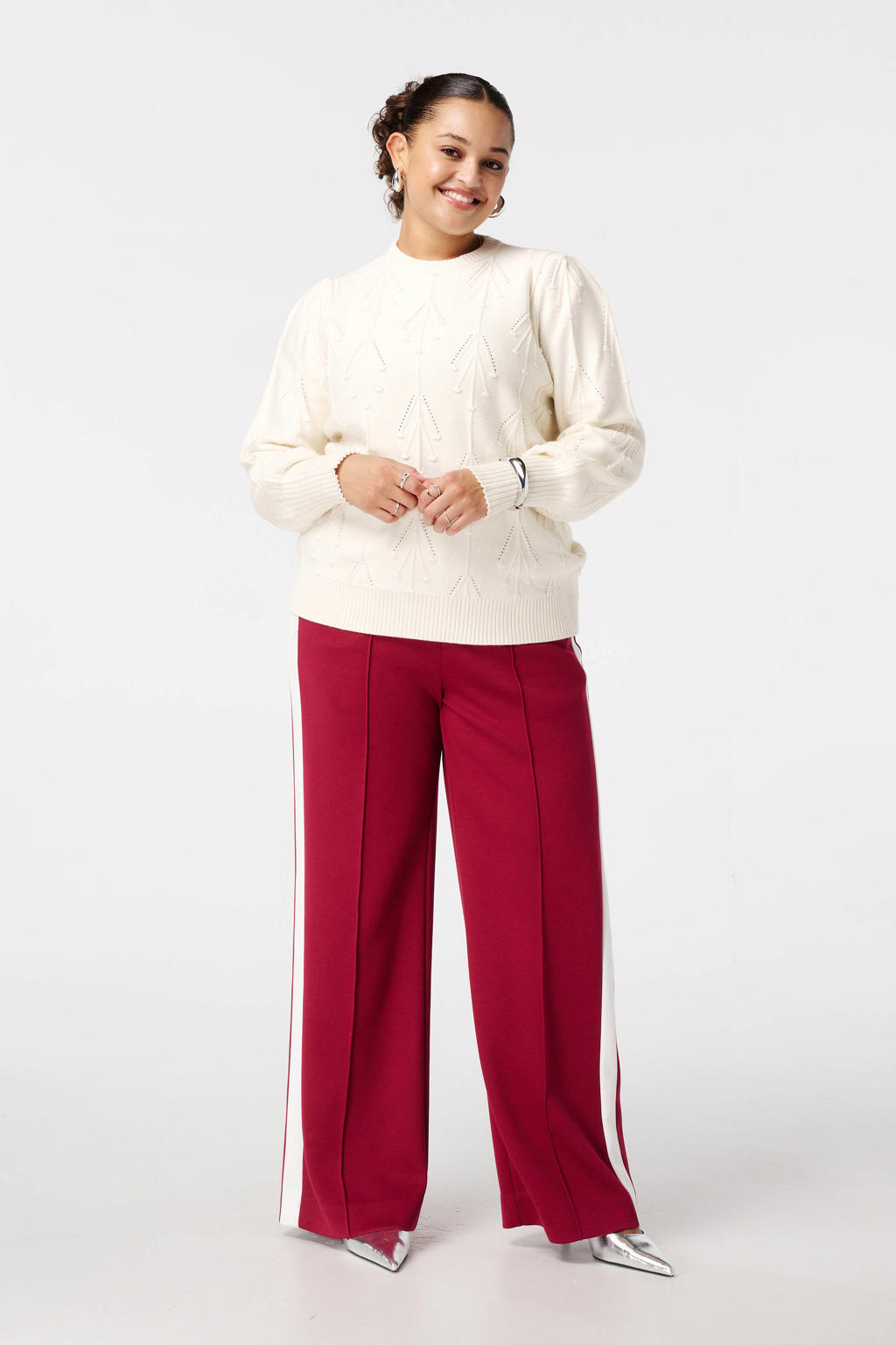 Ecru dames MS Mode pullover van viscose met effen, lange mouwen, klassieke kraag en ingebreid patroon
