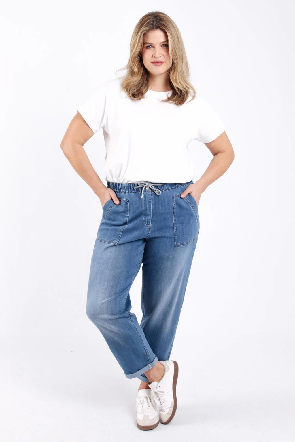 Medium blue denim dames Paprika high waist barrel jeans van denim met effen