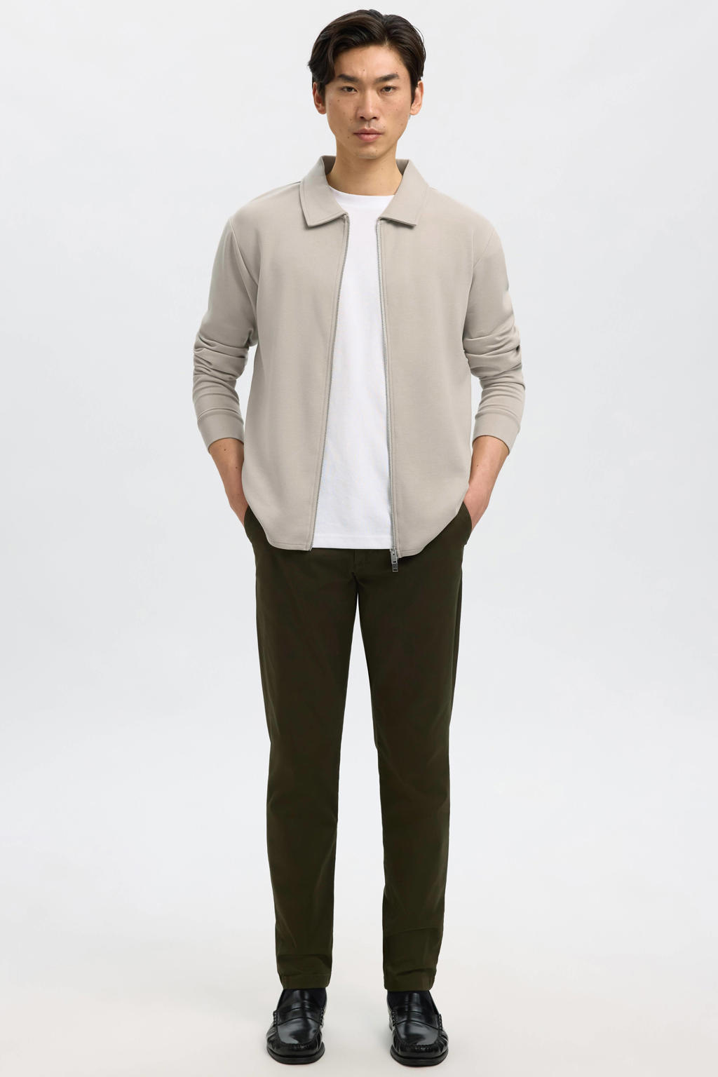 Beige heren Selected sweatvest met effen, lange mouwen, klassieke kraag en ritssluiting