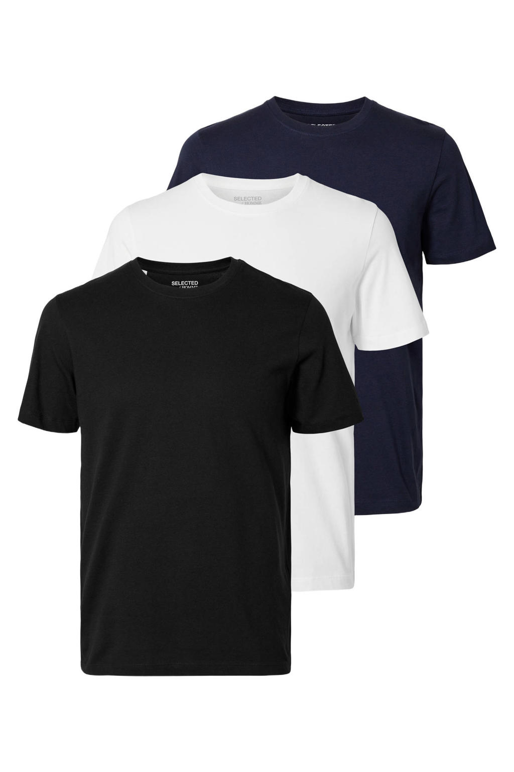 Multikleurige heren Selected regular T-shirt set van 3 van katoen met effen, korte mouwen en ronde hals