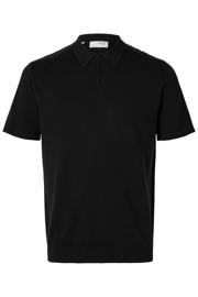 thumbnail: Zwarte heren SELECTED HOMME regular polo fijn gebreid van katoen met effen, korte mouwen en knoopsluiting