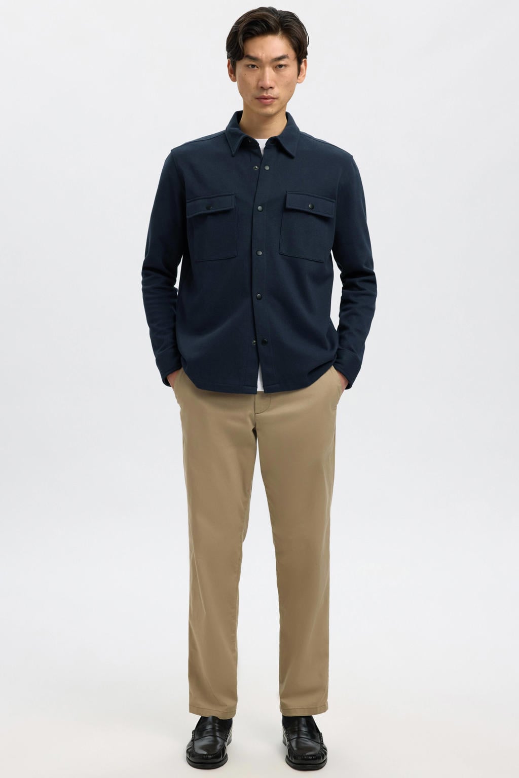 Donkerblauwe heren Selected overshirt van katoen met effen, lange mouwen, klassieke kraag en drukknoopsluiting